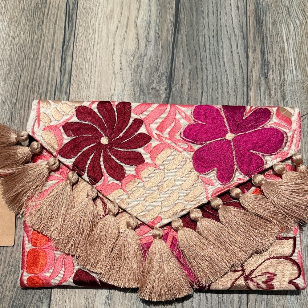 Floral Embroidered Clutch with Tassels
